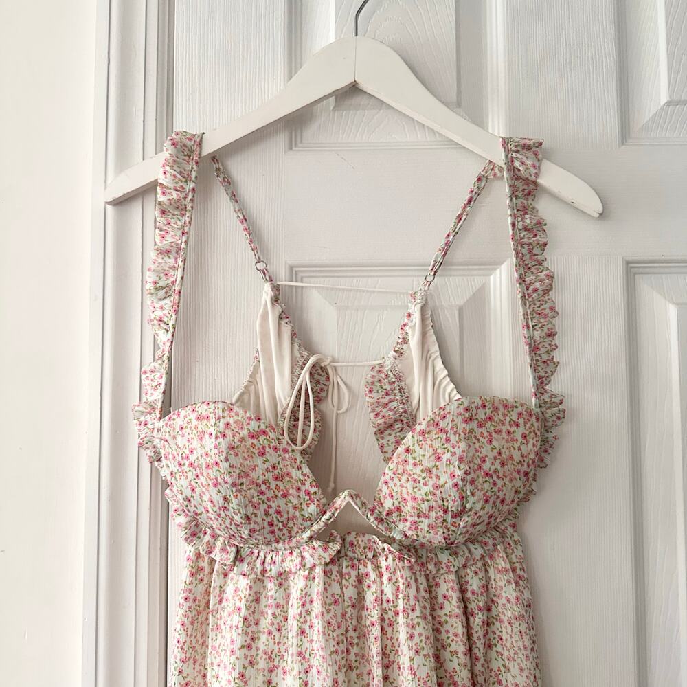 For Love & Lemons Colleen Ivory Red Floral Bustier Mini Babydoll Dress Medium - Picture 3 of 10